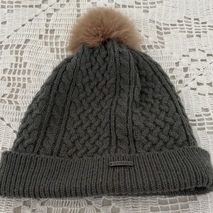 Chaos Dark Gray Cable Knit Beanie with Tan Pom